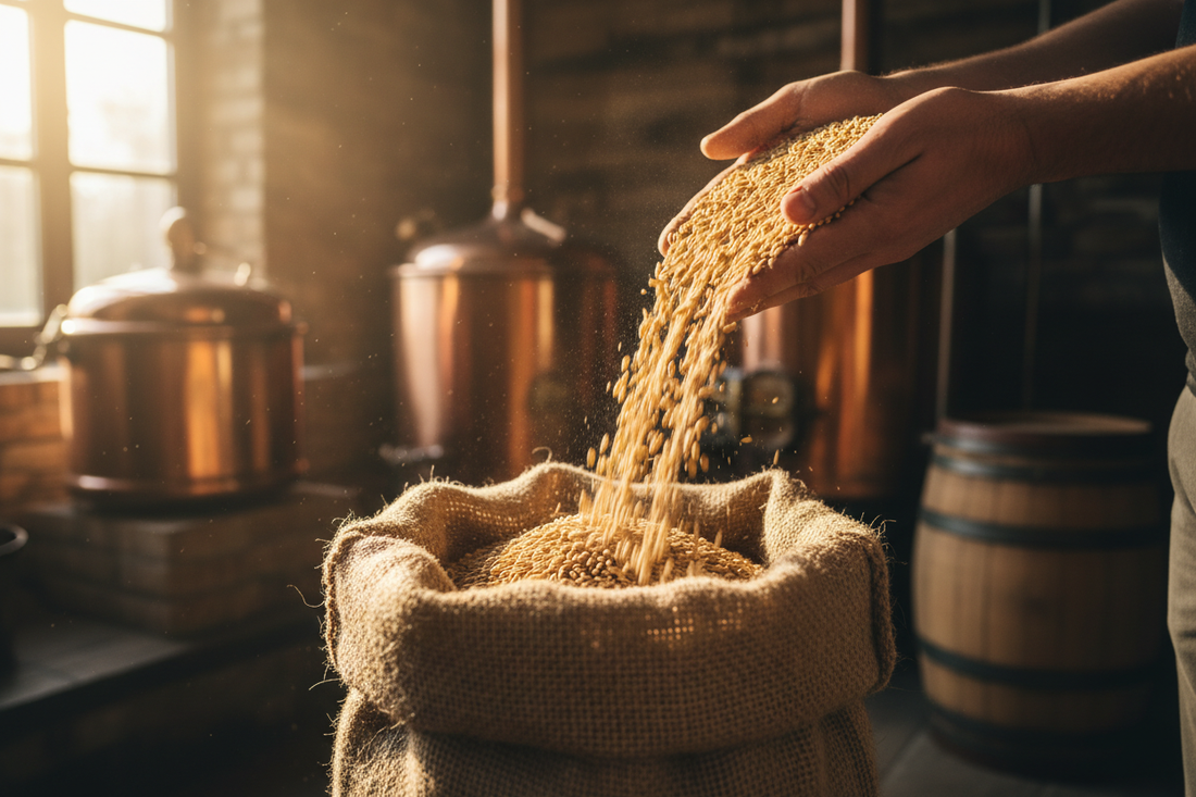 image of a sack of malted barley with two hands cupped full of malt