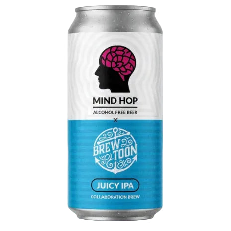 A silver aluminum can of Mind Hop Alcohol Free Beer collaboration brew with Brew Toon, featuring a white and blue label with a pink brain graphic.