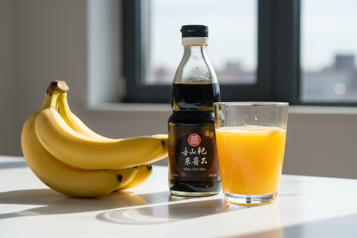 Image of banana's, soy sauce and orange juice